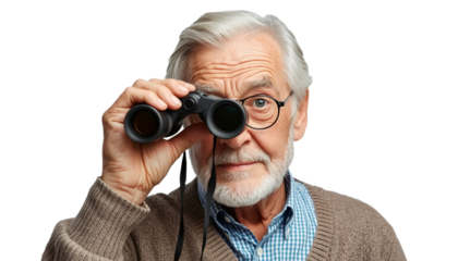 An elderly man looking through binoculars on transparent background