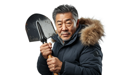 A man in a winter coat holding a shovel on transparent background