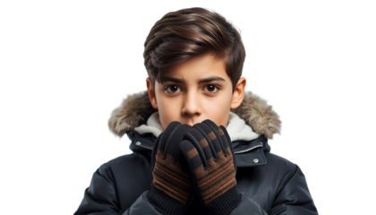 A young boy wearing a winter jacket and gloves on transparent background