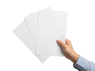 Fototapeta premium Hand holding stack of papers isolated on transparent background
