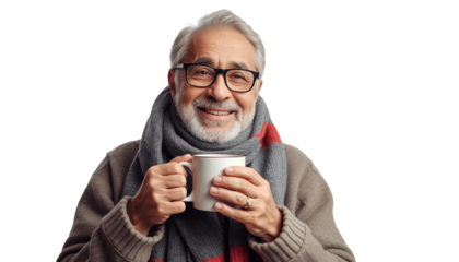 A smiling senior man holding a cup of coffee on transparent background