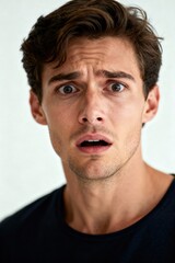 Obraz premium A man with a look of surprise and disbelief, his eyes wide and his mouth slightly agape.