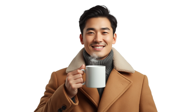 A smiling Asian man holding a coffee mug on transparent background - Powered by Adobe