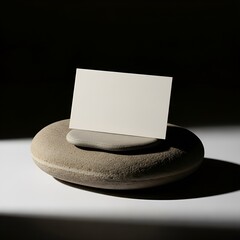 A white card on two smooth gray pebbles on white surface with black background.
