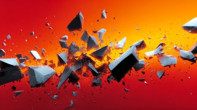 Red background with a large explosion of rocks and debris. Concept of chaos and destruction
