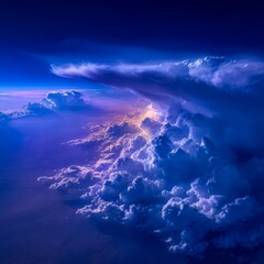 Naklejka premium The sky is filled with clouds and the sun is setting. The clouds are blue and white