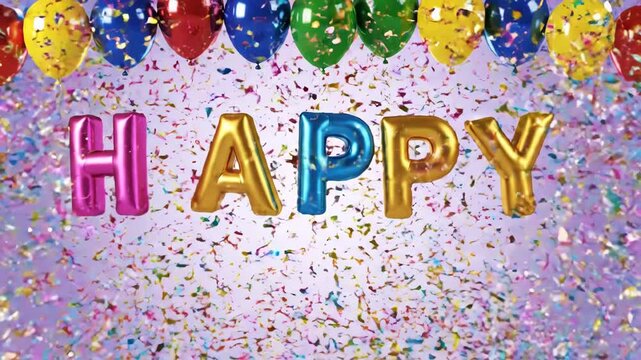 Colorful balloons and confetti with happy text on light background