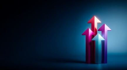 Blue background with four arrows pointing upwards. The arrows are in different colors and are arranged in a row