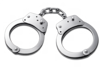Handcuffs representing law enforcement, crime, justice, security, and arrest, with metal shackles linked by a chain on a transparent background