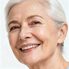 Fototapeta premium Smiling senior woman with silver hair, radiating joy and confidence in a close-up portrait.
