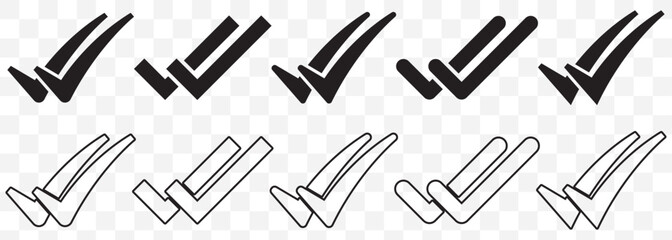Double check mark icons in black representing confirmation and verification. Double checking icon. Black double tick, check mark. Flat done sticker icon. Accept button On Transparent Background. EPS10