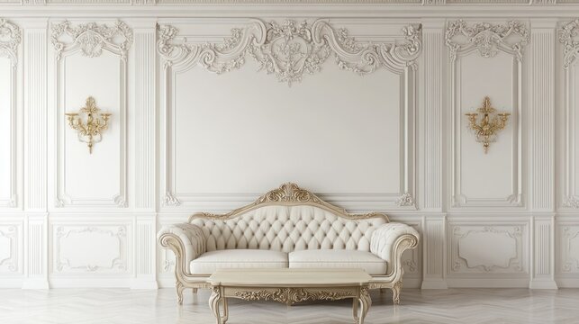 Ornate white rococo room tufted sofa, carved table, gilded sconces, moldings