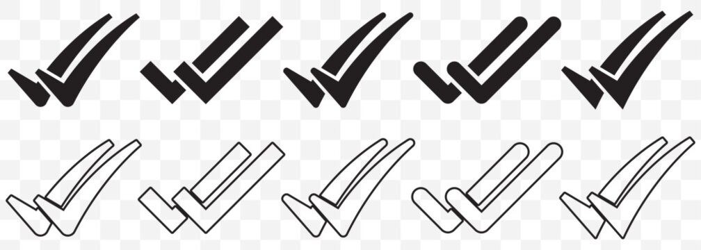 Double check mark icons in black representing confirmation and verification. Double checking icon. Black double tick, check mark. Flat done sticker icon. Accept button On Transparent Background. EPS10