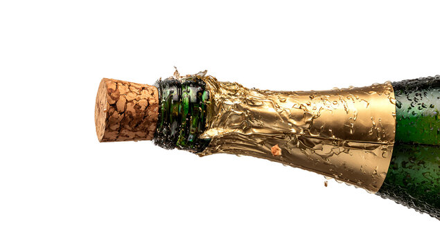 Close-up of a sparkling wine bottle neck, cork & foil against a black backdrop