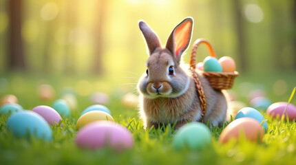Small bunny in grassy meadow surrounded by pastel, speckled eggs and wicker basket; warm sunrise light, soft bokeh and fresh spring atmosphere