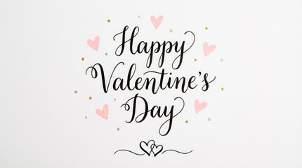 Happy valentines day text in black script font with decorative swirls and small pink hearts on a white surface