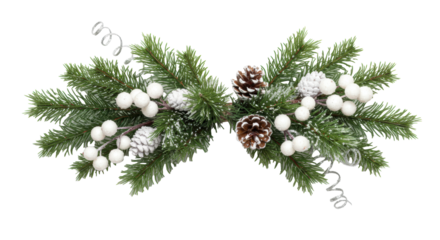 Artificial Christmas sprig with glistening berries, deep green needles, sparkling snow, frosted pinecones, silver filaments, on transparent background, elegant winter holiday decoration concept.