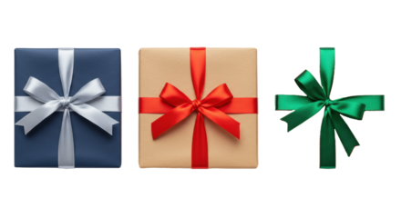 Three uniformly sized gift boxes: navy blue with silver, kraft with red, deep red with emerald green satin ribbons and bows, horizontally on a transparent studio background with copy space,