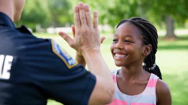 Smiling Black girl giving high five to police officer during outdoor community event, child rewarded for good deed, informal social action, public safety education, police and society interaction