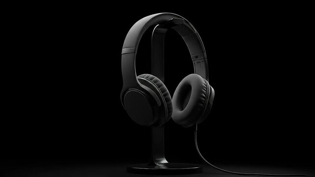 Modern Black Wired Over-Ear Headphones on Stand Against Dark Background. High-Quality 3D Rendered Product Shot, 4K.