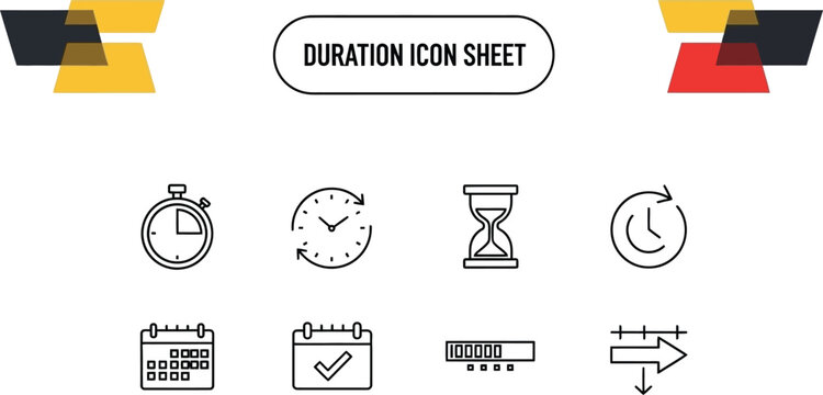 Black outline icon sheet illustrating time duration and scheduling concepts