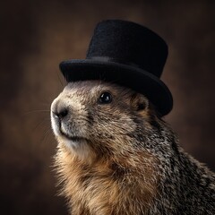A charming groundhog looking in a stylish top hat, portrait, Groundhog day