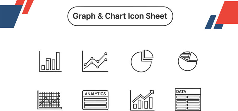 Black outline icon sheet of business data analysis charts and graph elements