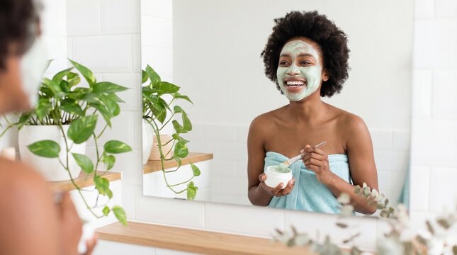 Happy woman applying face mask in bathroom mirror, enjoying self-care routine and healthy skincare - Powered by Adobe
