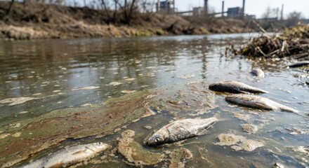Fototapeta premium Dead fish float in polluted river, environmental damage from industrial waste discharge, ecological abuse