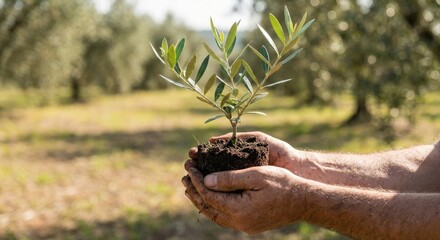 Man holding olive branch seedling in field