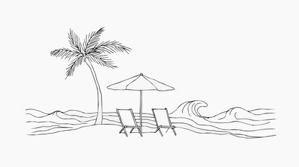 Simple vector illustration of beach scene with palm tree, sun umbrella and two chairs. Minimal, relaxing design suitable for travel branding, summer packaging or vacation posters, with copy space.
