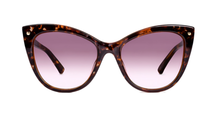 Sunglasses with tortoise-shell frames, cat-eye shape, and gradient purple lenses