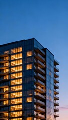 Fototapeta premium Generative AI Modern High-Rise Building with Illuminated Windows at Dusk