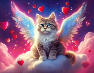 Cupid cat with angel wings sitting on a white cloud, surrounded with red hearts