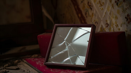 Broken mirror rests on a dusty surface in an abandoned room with faded walls and scattered debris