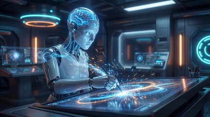 Robot interactively working on futuristic holographic interface in advanced lab