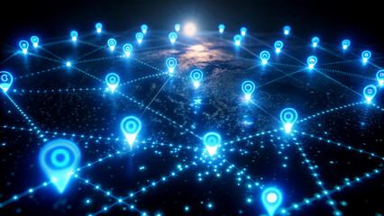 Obraz premium Global Network Connections in Futuristic Neon Blue with Dotted Lines and Pinpoints in Dark Space for Technology