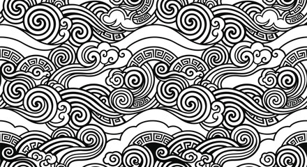 Pattern featuring seamless oriental clouds and geometric ocean waves
