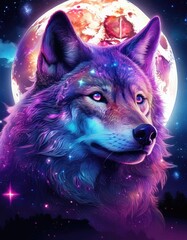 A fairy wolf close up opposite huge moon on night starry sky background