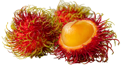 Vibrant close-up of three exotic, spiky fruits, one halved to reveal the juicy flesh