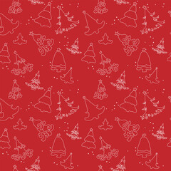 Christmas trees white outline on red  background. Seamless holiday pattern. Vector illustration.