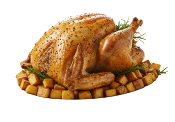 A whole, perfectly roasted holiday turkey with golden-brown crispy skin, herb-crusted, garnished with rosemary and potatoes, on a white platter against a transparent background with copy space,