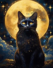 fairy black cat opposite huge golden moon on night starry sky background