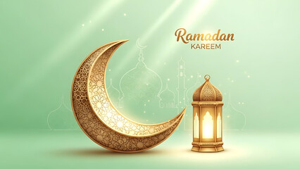 Ramadan Kareem celebration with golden crescent moon and lantern