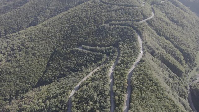 Aerial view of a winding mountain road in the Kakheti region of Georgia.