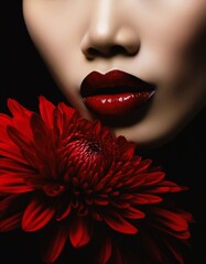 Portrait of pretty young woman with dark red chrysanthemum flowers.