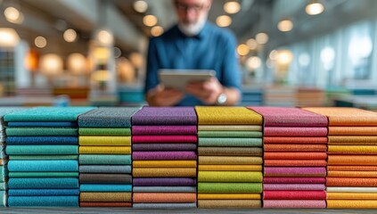 A blurred man uses a tablet behind stacks of vibrant fabric swatches, showcasing diverse colors for design