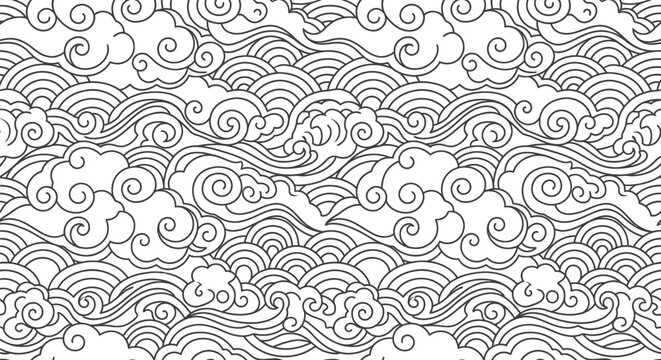 Pattern featuring seamless oriental clouds and geometric ocean waves