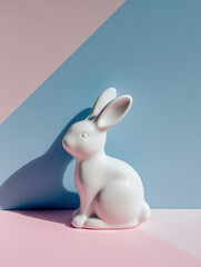 white ceramic bunny figurine on pastel background, generative ai
