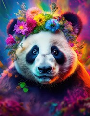 panda with wreath from bright vivid flowers with bright background